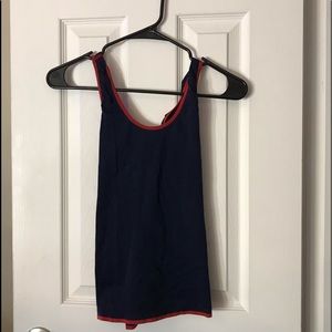navy blue with red trimming top with open back